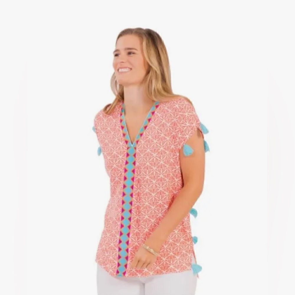 Escapada Living Tangerine/white Embroidered Neck hem w/Turquiose Tassel sz med